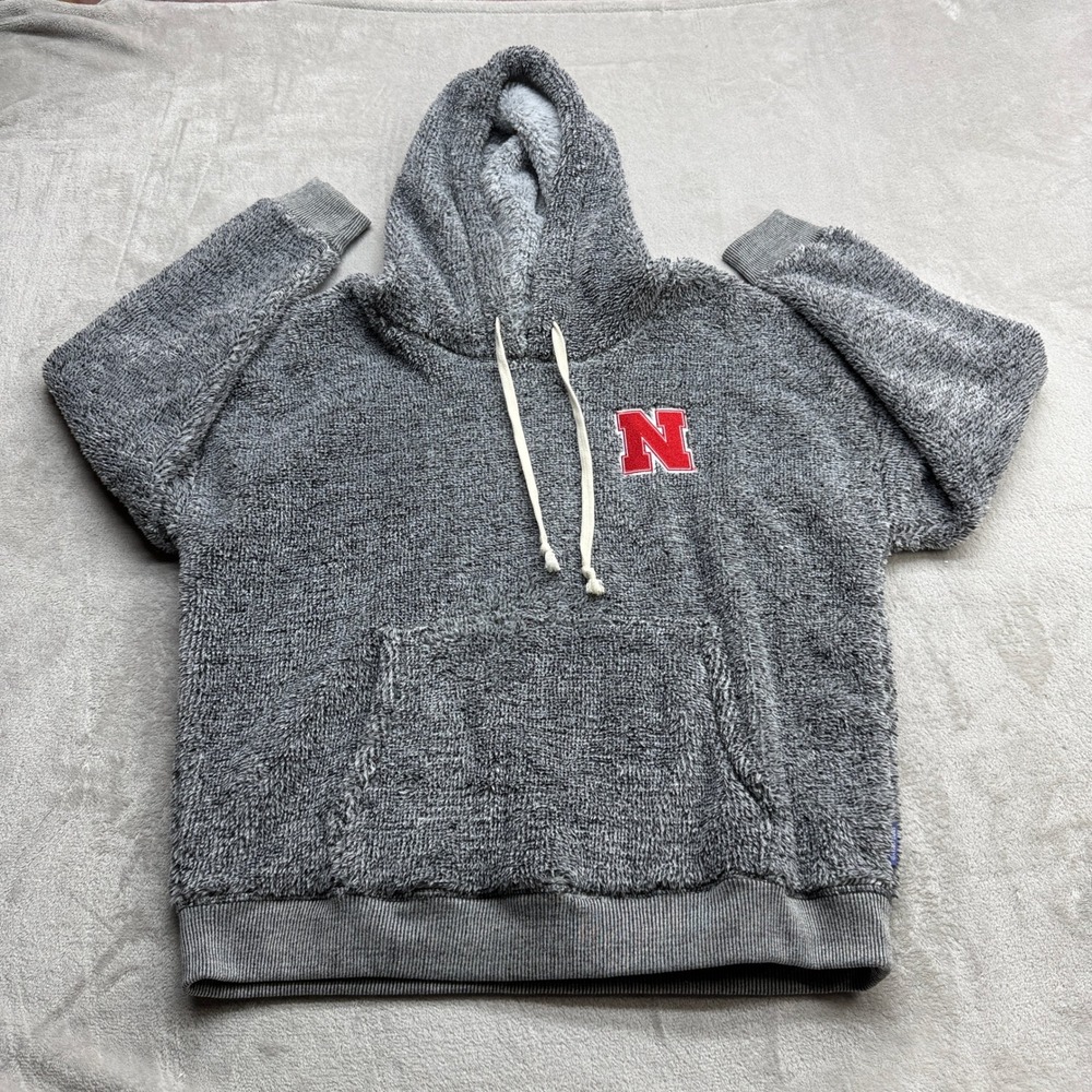 Nebraska Huskers Hoodie Women Large Grey Cozy Sherpa Fleece Embroidered Pullover